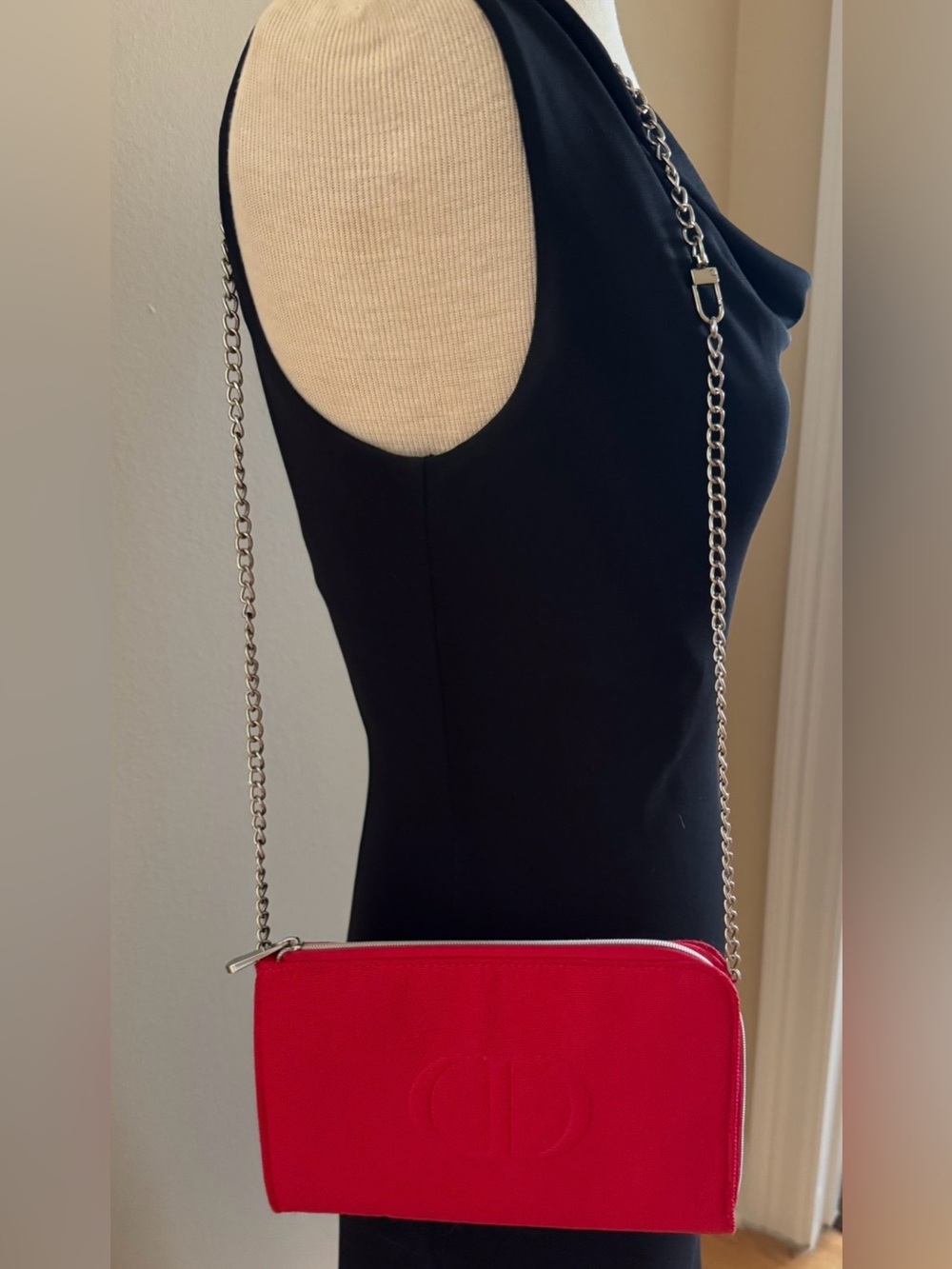 Dior Red fabric cosmetic bag with silver chain to be Crossbody or waist bag.